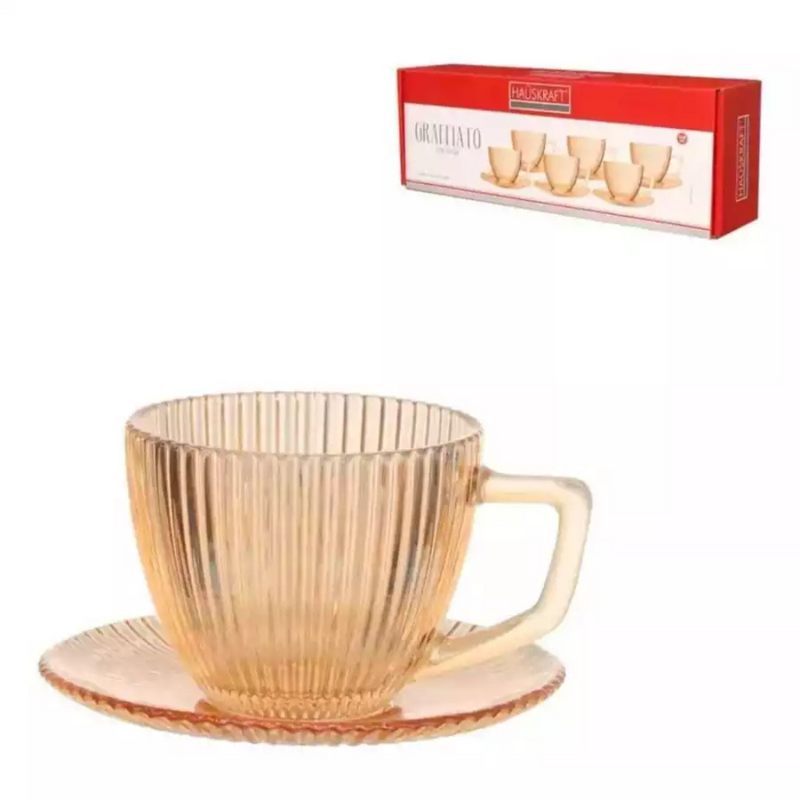 Conjunto de Xicaras Haüskraf - 12 pçs ( 6 xicaras e 6 pires ) - Graffiato - Cor Âmbar