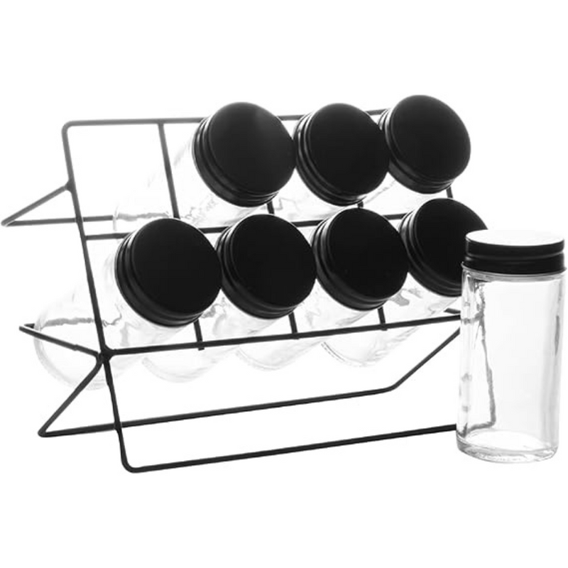 Conjunto 8 Potes de Vidro para Temperos com Suporte em Metal Preto – Lyor