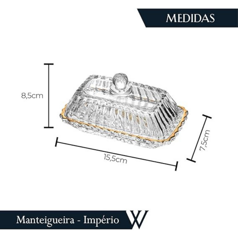 Manteigueira de Cristal Retangular com Tampa e Fio de Ouro - Wolff
