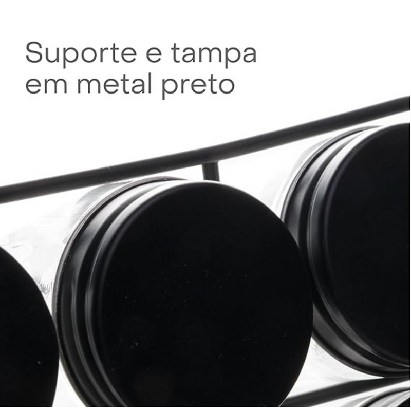 Conjunto 8 Potes de Vidro para Temperos com Suporte em Metal Preto – Lyor