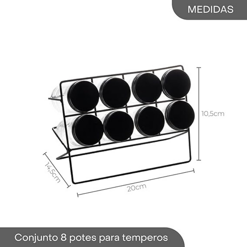 Conjunto 8 Potes de Vidro para Temperos com Suporte em Metal Preto – Lyor
