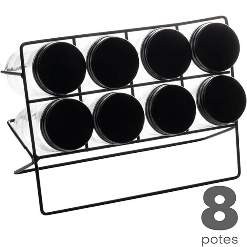 Conjunto 8 Potes de Vidro para Temperos com Suporte em Metal Preto – Lyor